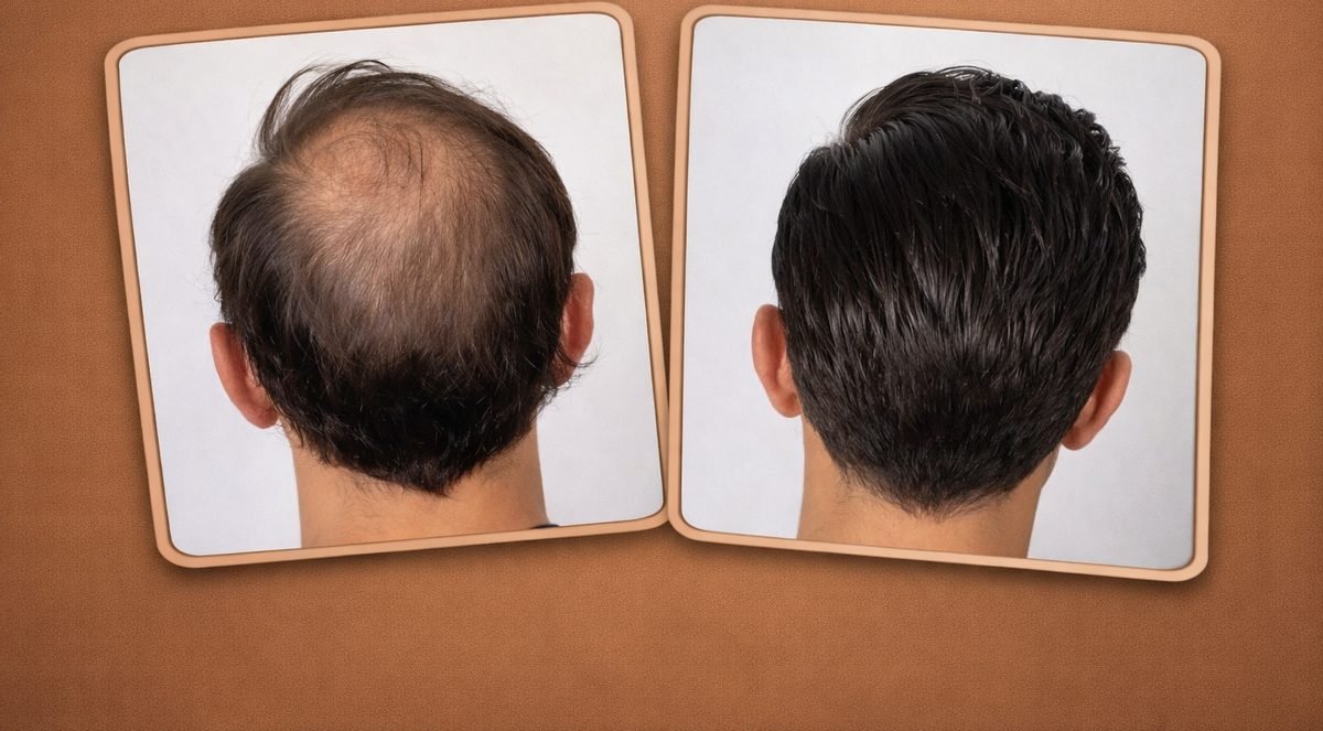 Caso 1 de 10: antes e depois de um transplante capilar