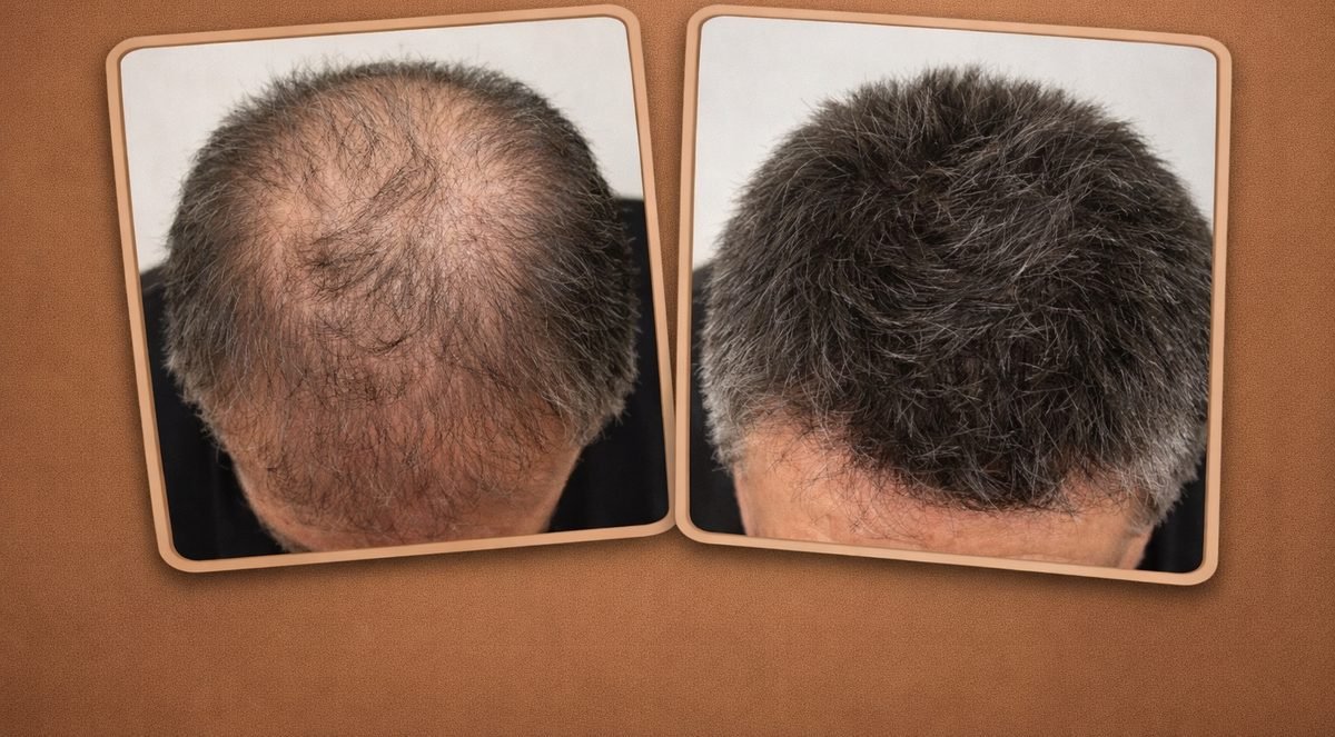 Caso 2 de 10: antes e depois de um transplante capilar