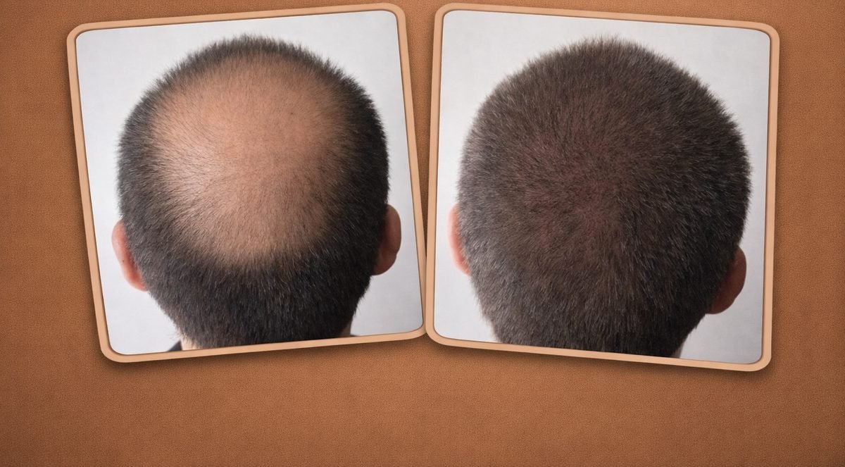 Caso 4 de 10: antes e depois de um transplante capilar