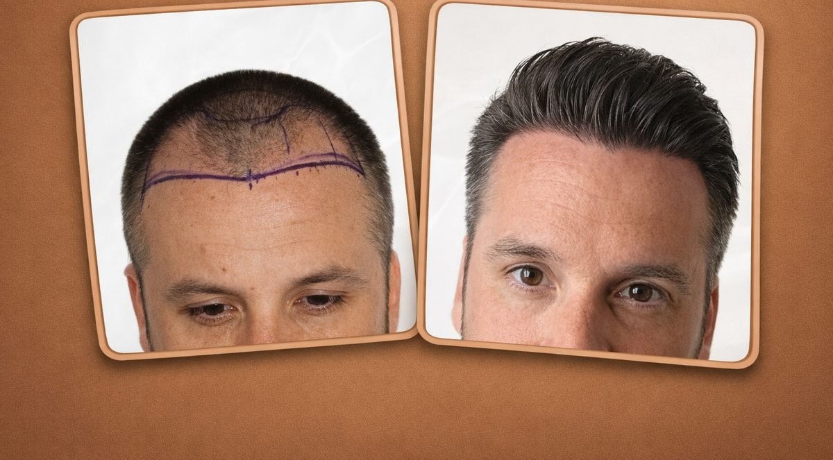 Caso 7 de 10: antes e depois de um transplante capilar