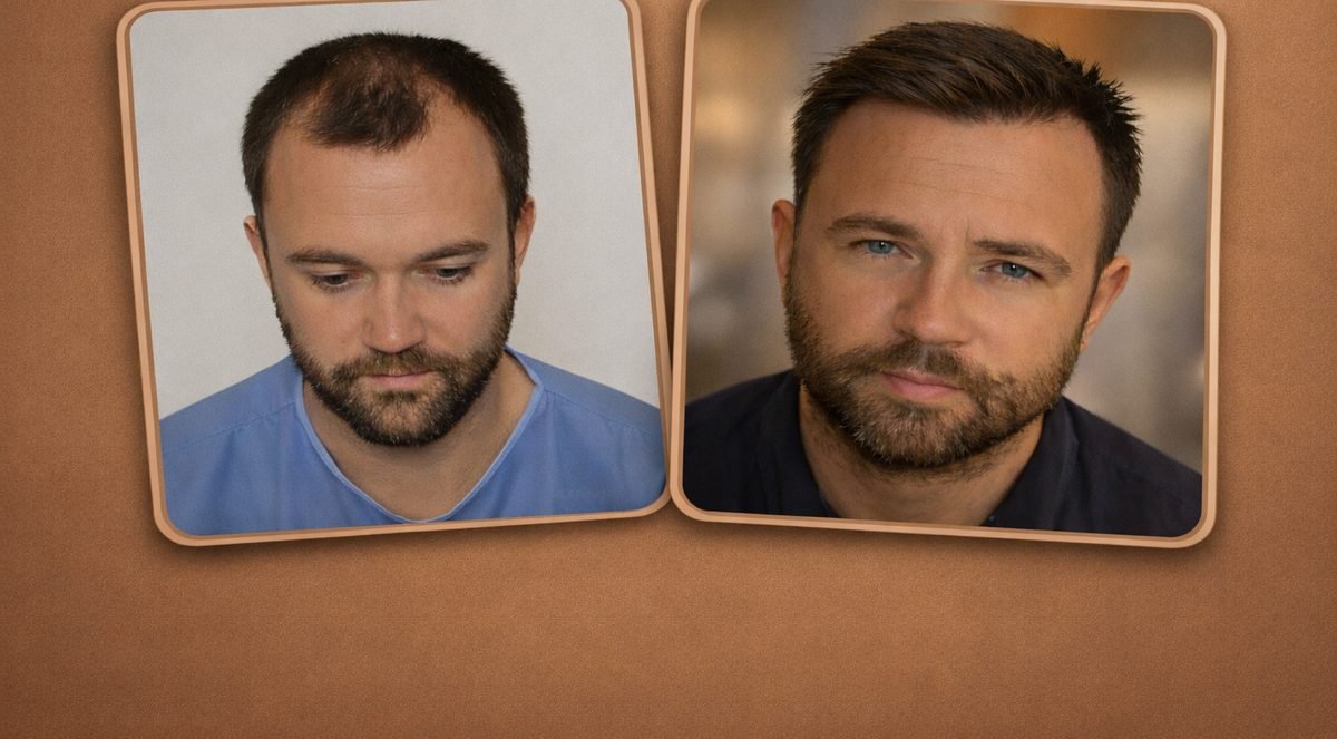 Caso 9 de 10: antes e depois de um transplante capilar