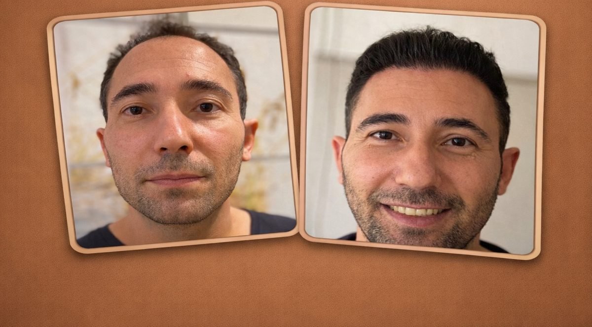 Caso 10 de 10: antes e depois de um transplante capilar