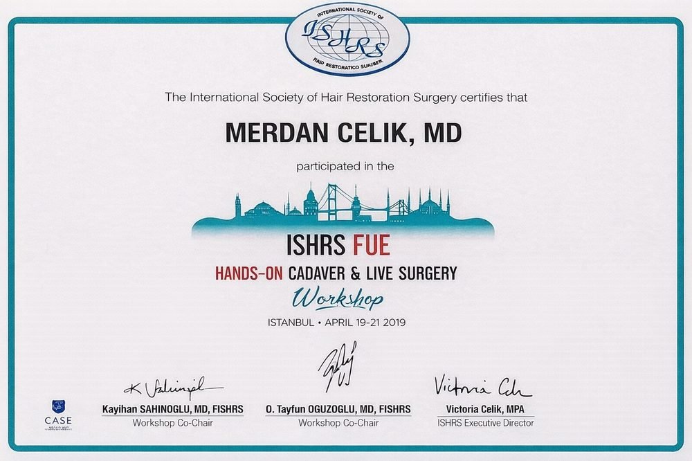Certificado de participação do Doutor Merdan Çelik no workshop FUE da ISHRS, Istambul, 2019