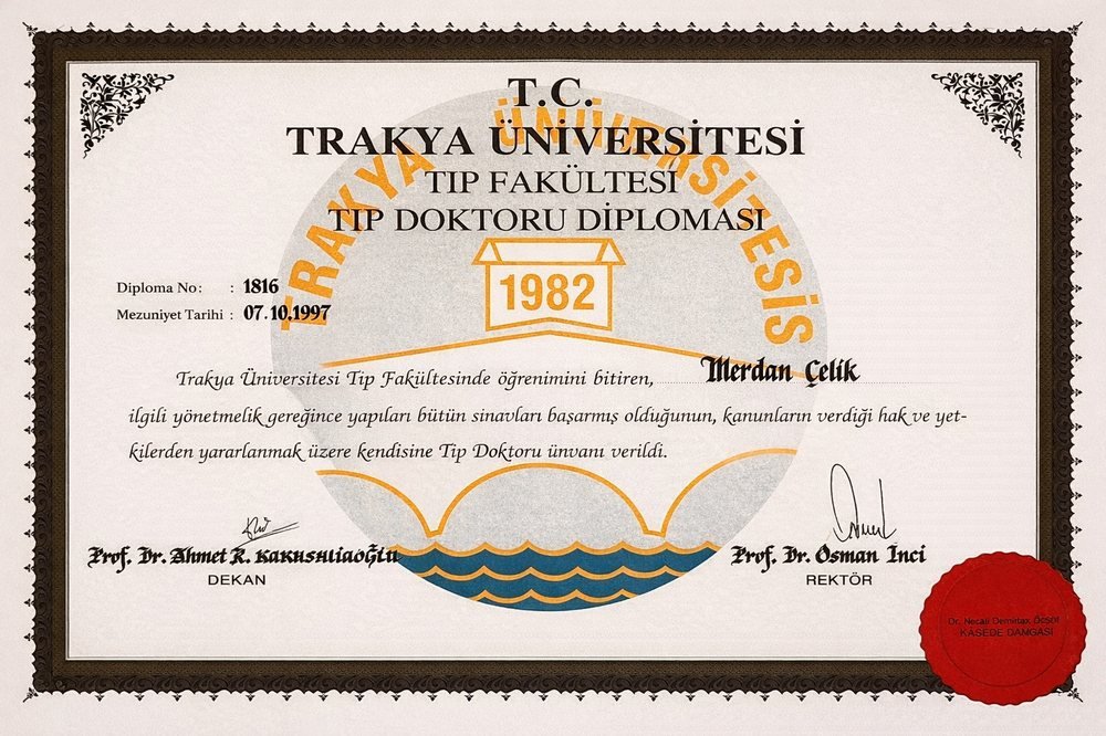 Diploma de Médico do Doutor Merdan Çelik, Universidade de Trakya, Turquia, 1997